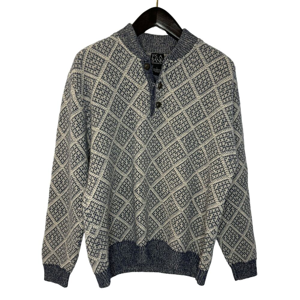 Vintage JoS A Bank Pullover Lambs Wool Sweater Blue Diamond Print L